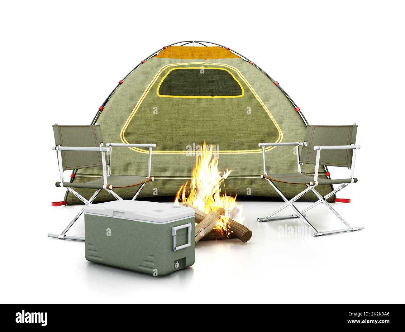 Camping tent, seats, fire and cooler on white background. 3D illustration Stock Photo Alamy