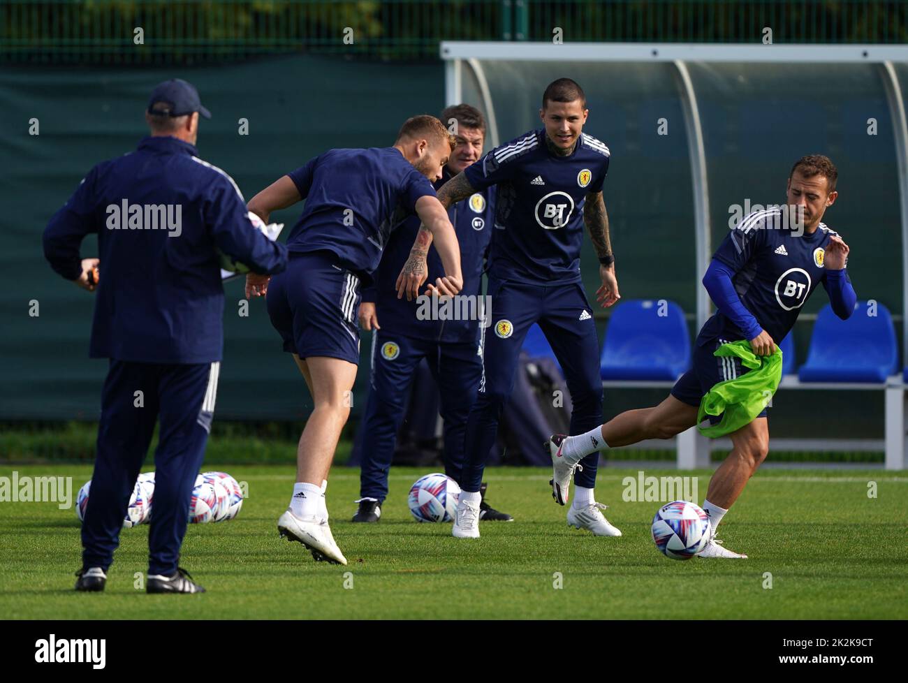 Scotland manager Steve Clarke, Ryan Porteous, Lyndon Dykes, and Ryan Fraser during a training session at Oriam, Edinburgh. Picture date: Friday September 23, 2022. Stock Photo