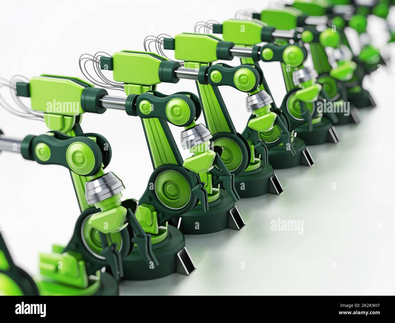 Robotic arms standing in a line inside a factory. 3D illustration Stock