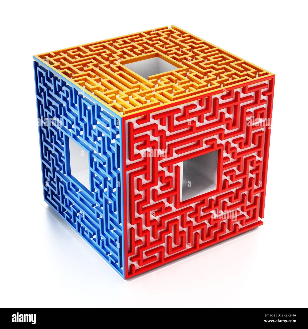 3D cube with labyrinth walls on the sides. 3D illustration Stock Photo