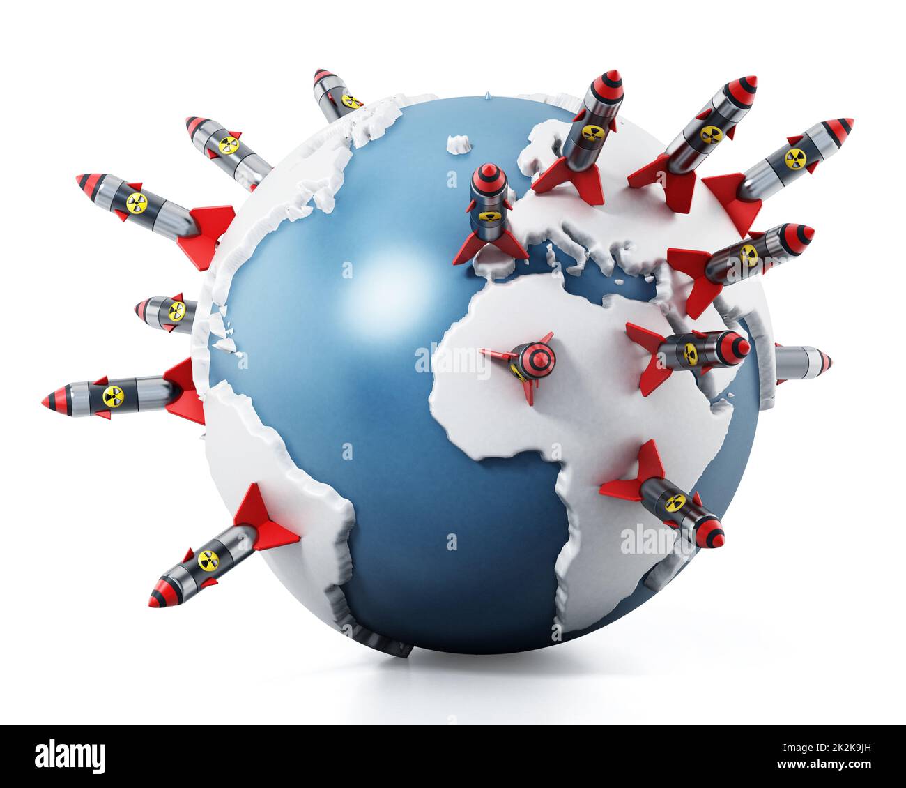 Nuclear missiles standing on world map. 3D illustration Stock Photo