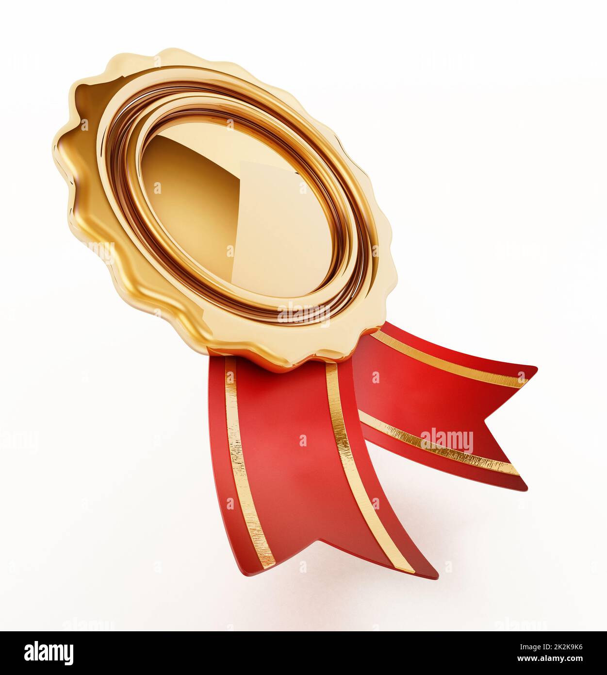 Golden badge with ribbons isolated on white background. 3D illustration ...