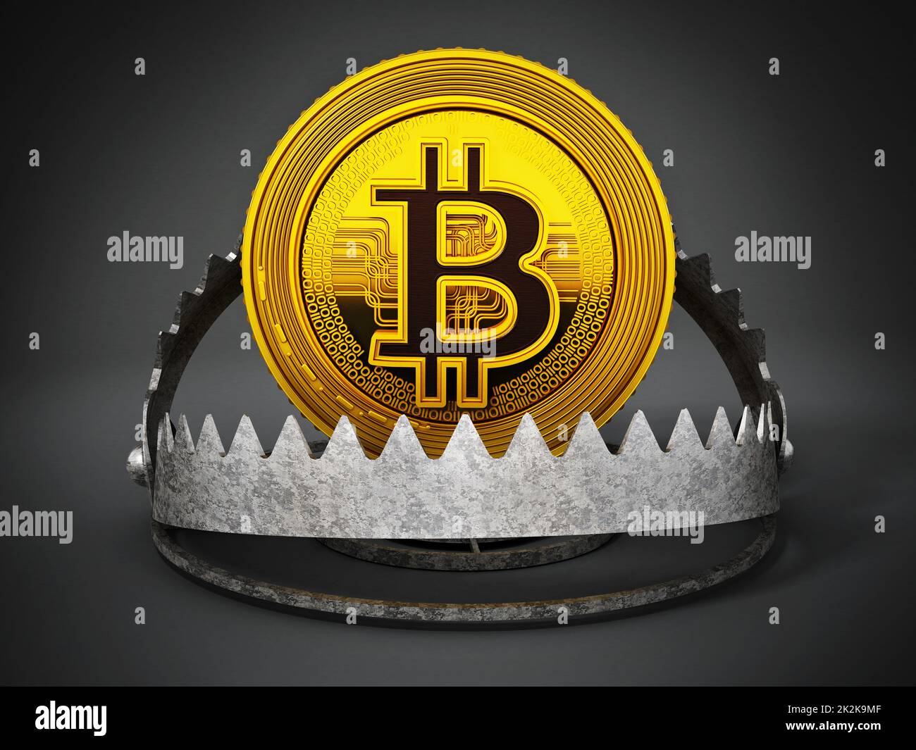 Gold digital coin in ready bear trap. 3D illustration Stock Photo