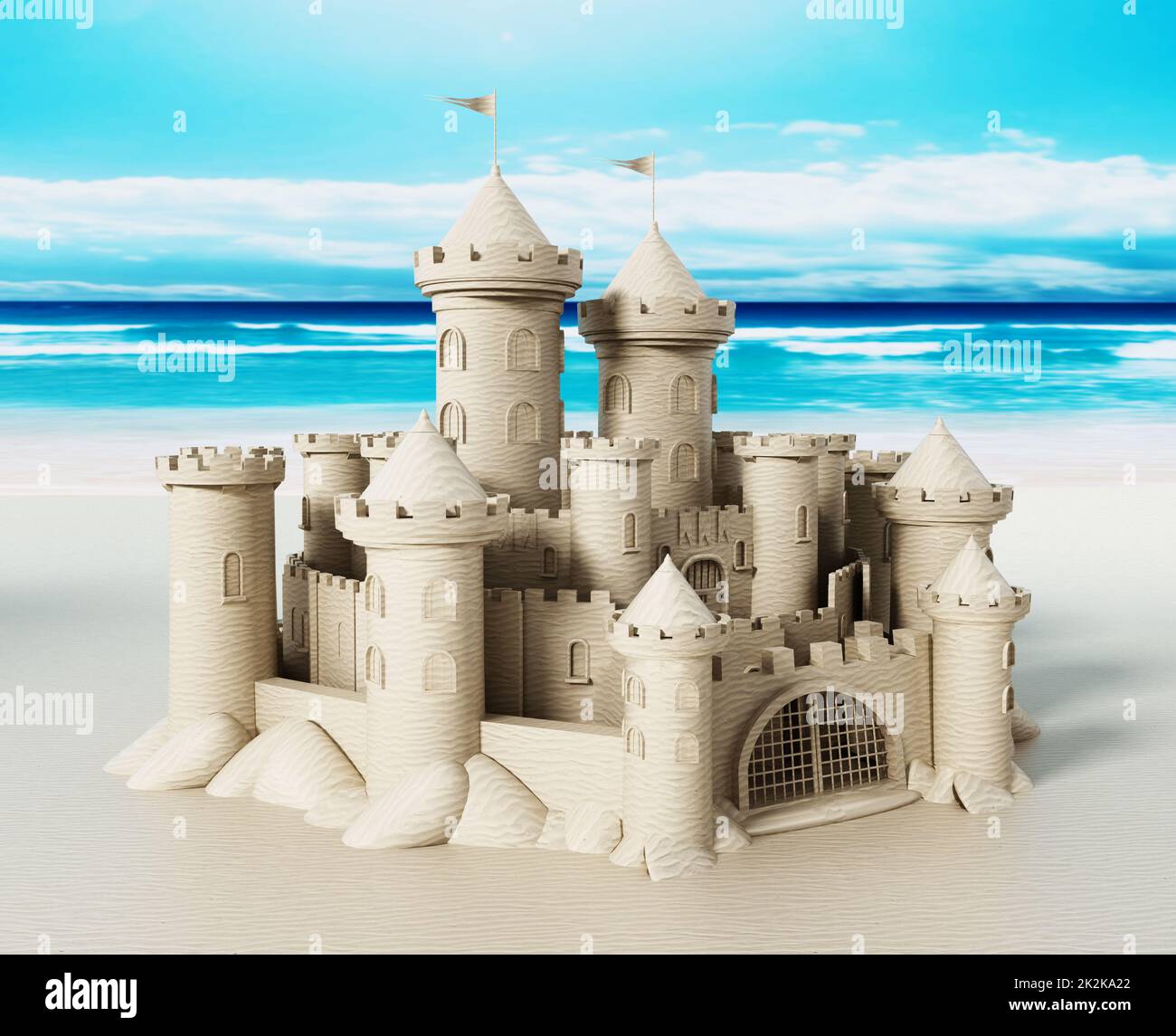 Elaborate sandcastle standing the seashore. 3D illustration Stock Photo