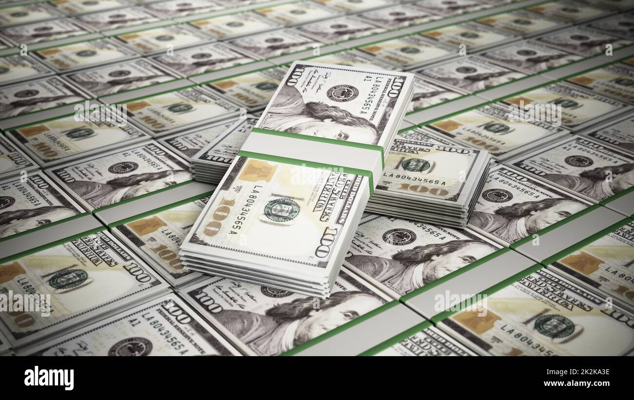Stacked 100 dollar money bills. 3D illustration Stock Photo