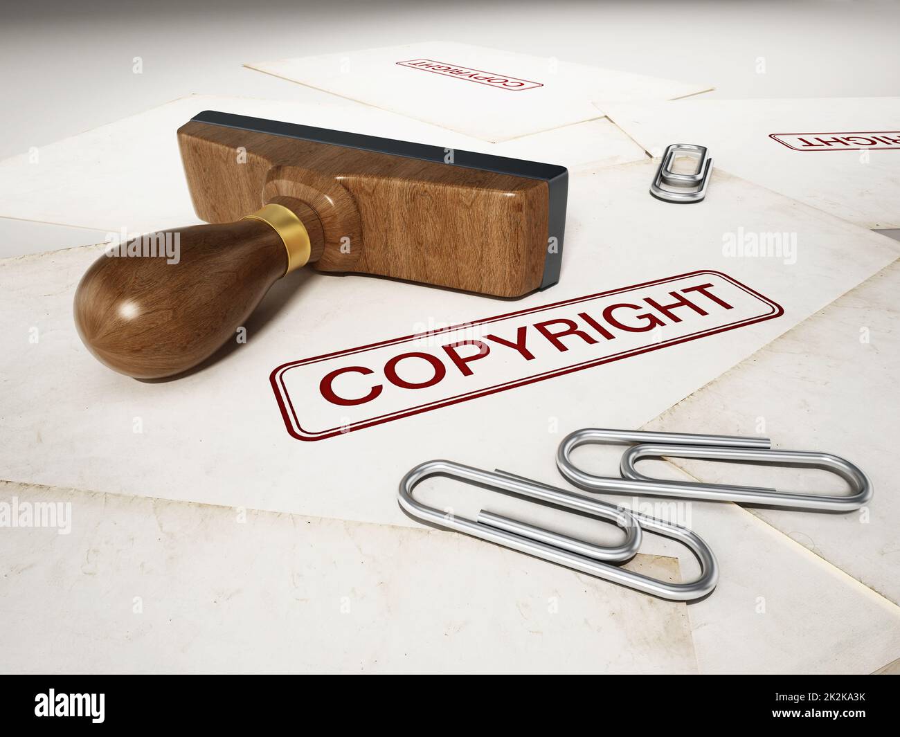 Copyright stamp standing on documents. 3D illustration Stock Photo