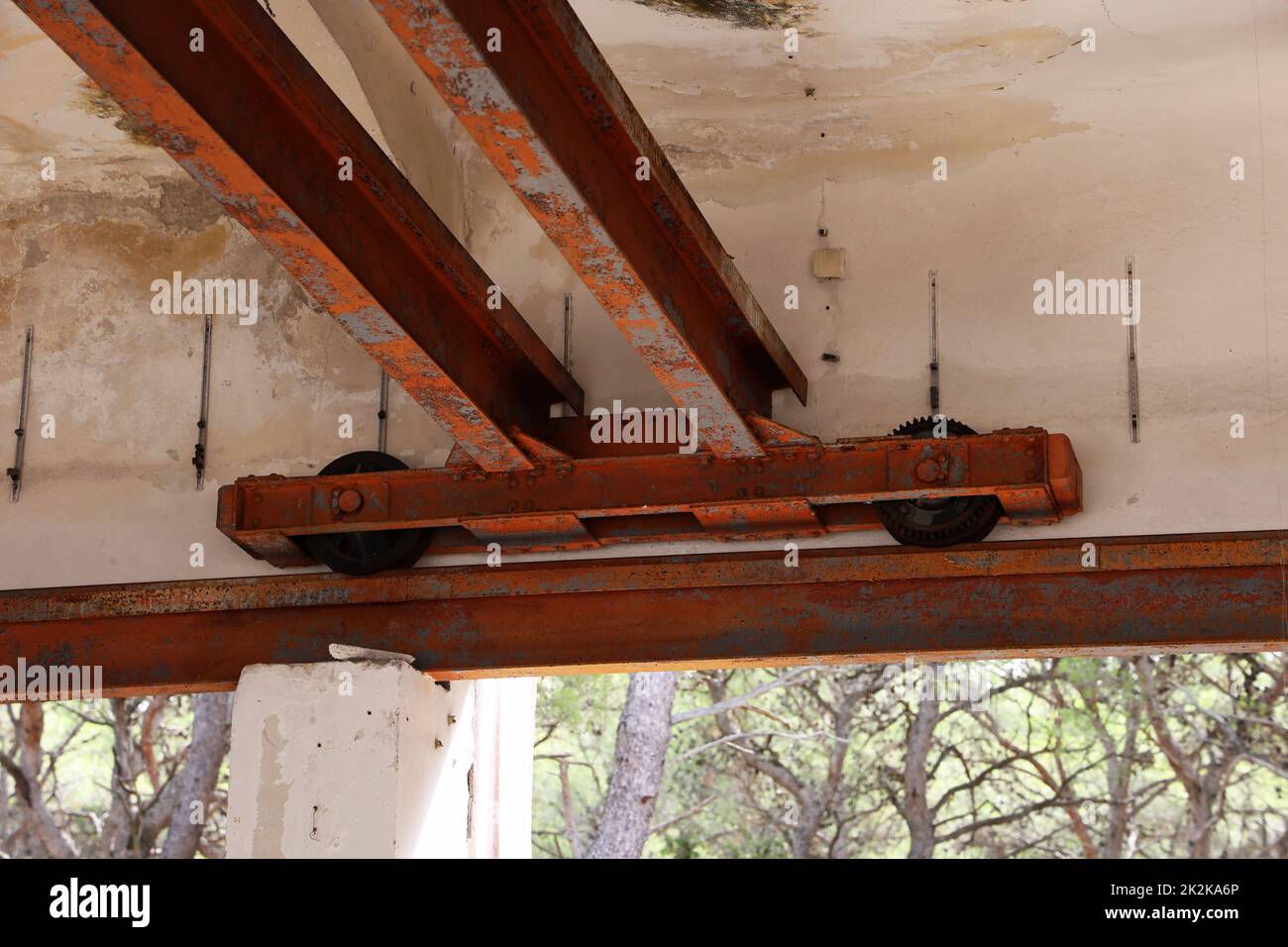 old rusty winch on rails Stock Photo