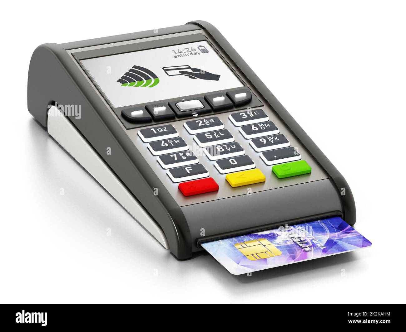 POS machine and credit card isolated on white background. 3D illustration Stock Photo