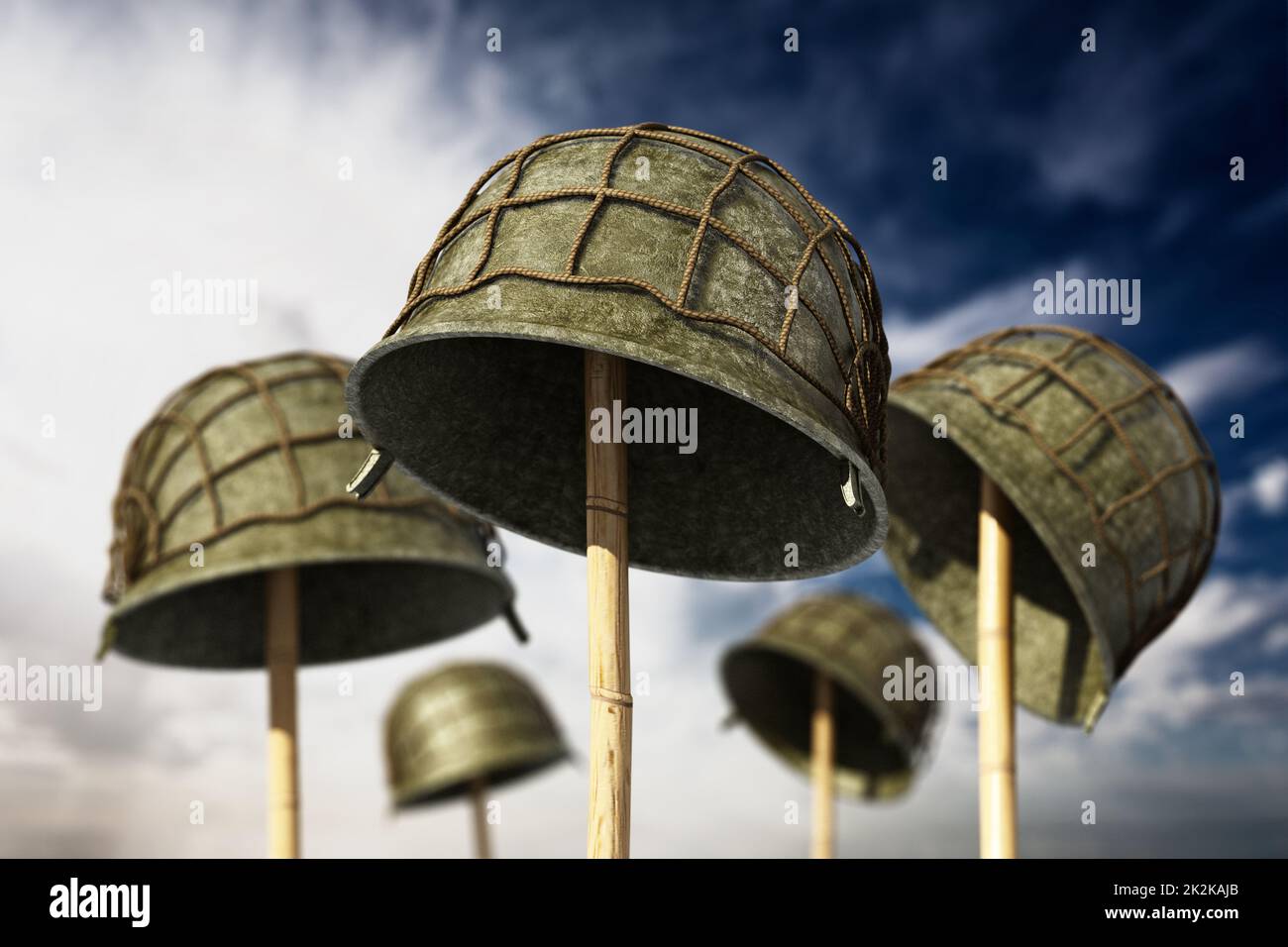 World War II helmets against blue sky. 3D illustration Stock Photo - Alamy