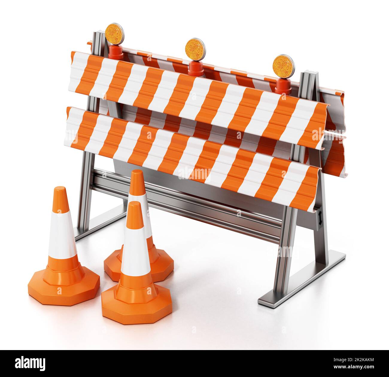 Road block with traffic cones isolated on white background. 3D illustration Stock Photo