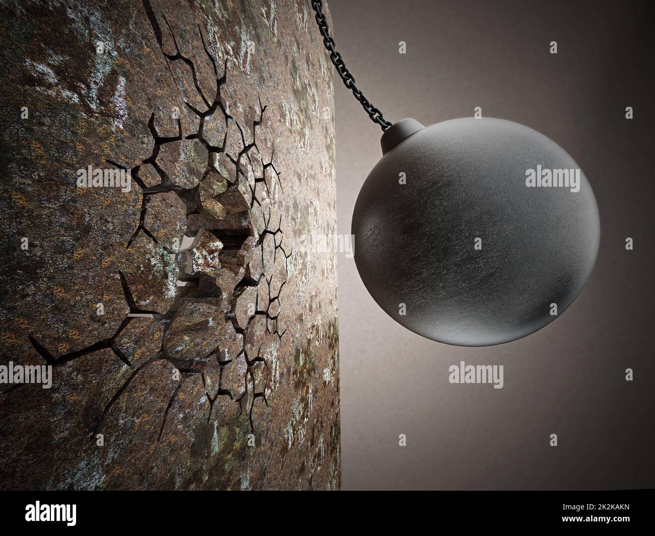 Wrecking ball demolishes old wall. 3D illustration Stock Photo