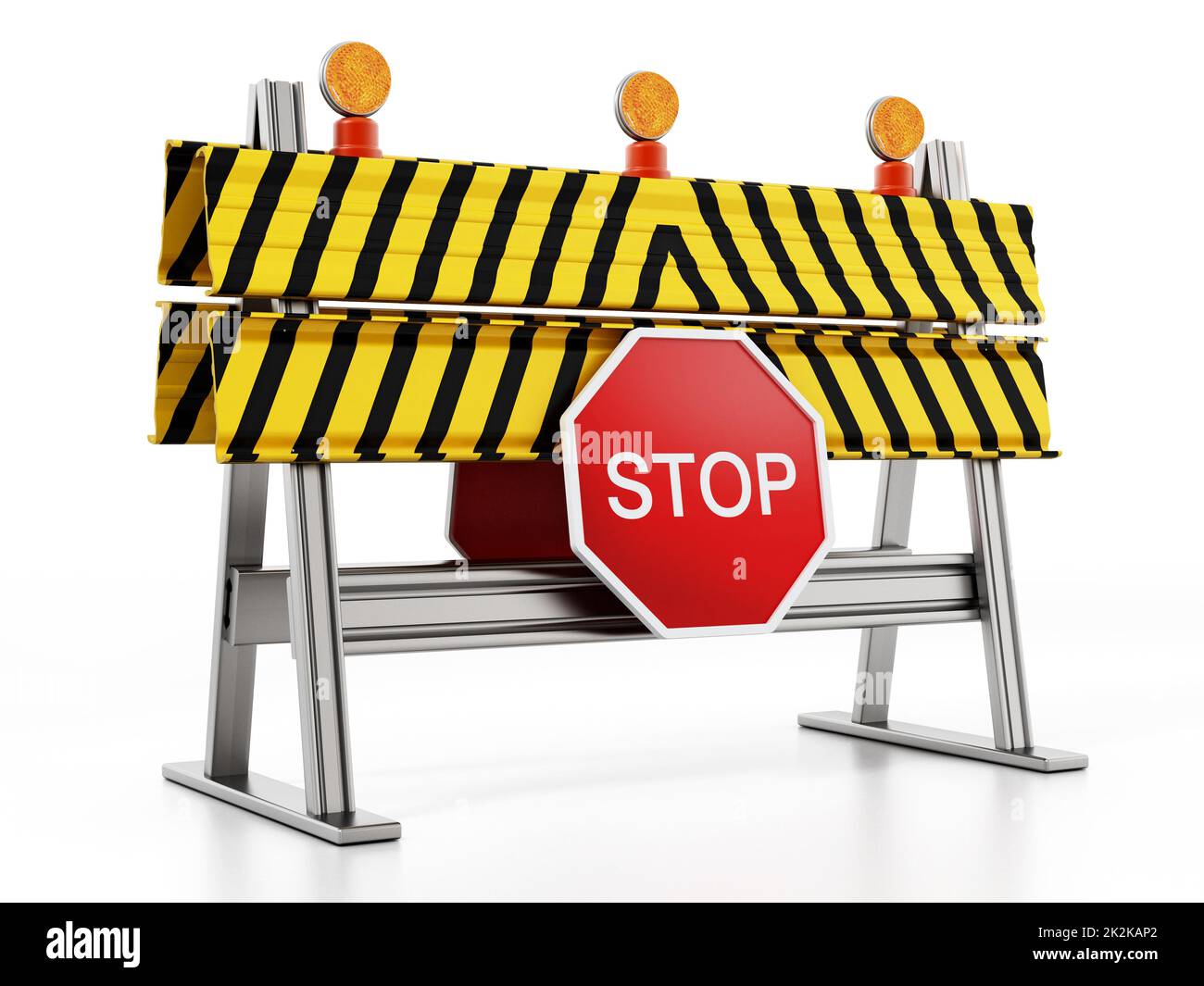 Road block with stop sign isolated on white background. 3D illustration Stock Photo