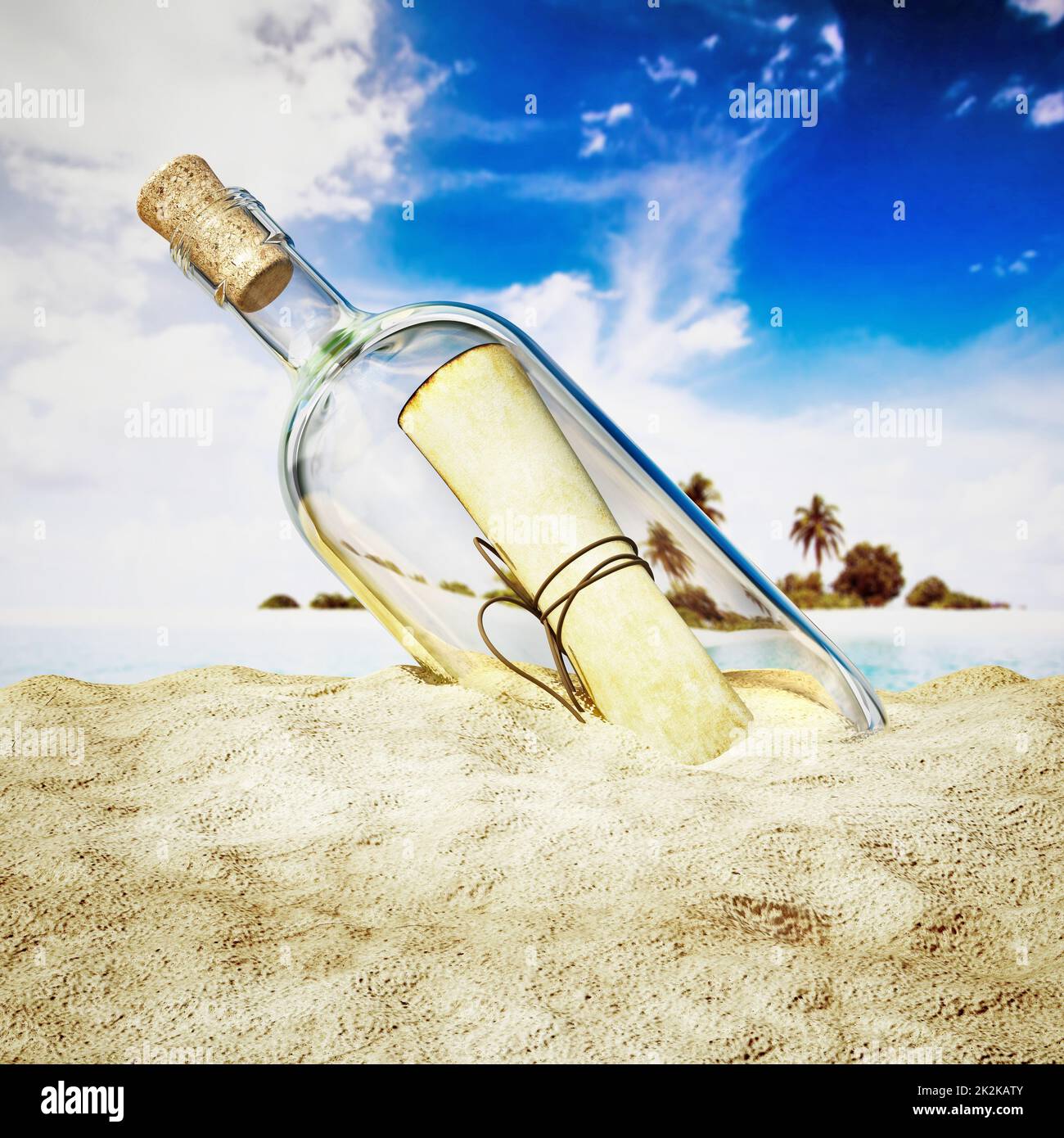 Message in a bottle standing on the beach sand. 3D illustration Stock ...
