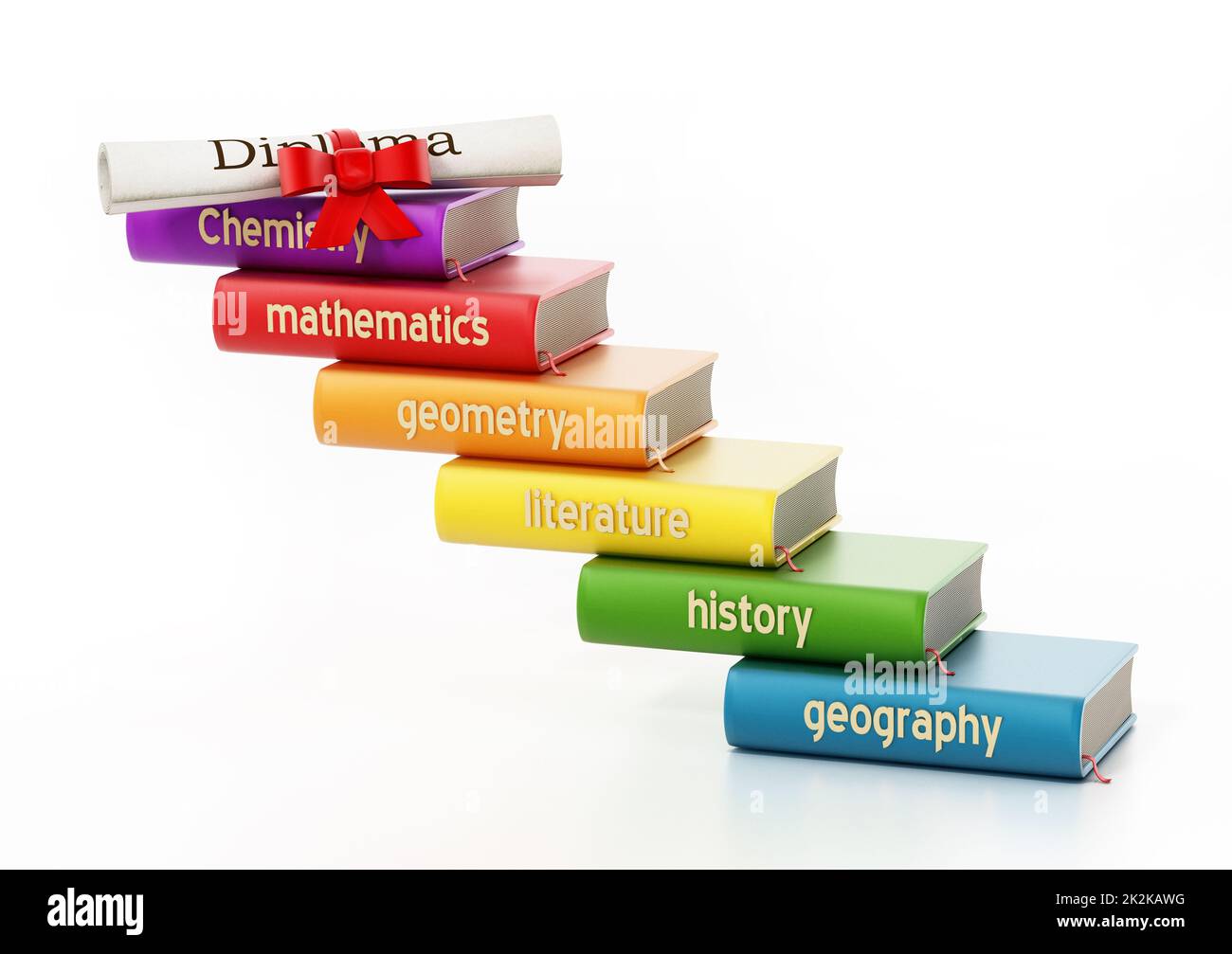 School course books forming a staircase through a diploma. 3D illustration Stock Photo