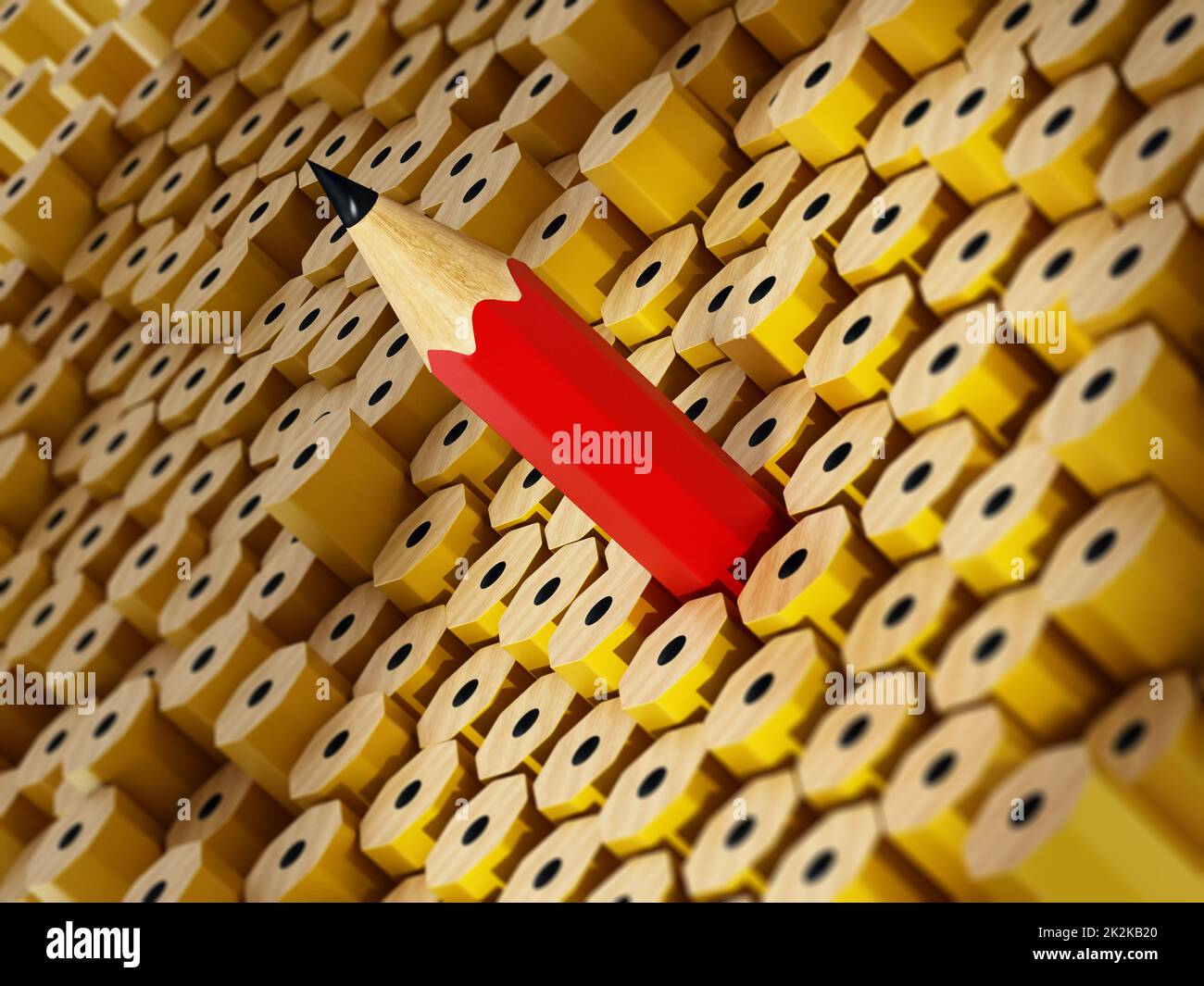 Red pencil stands out among the others facing the opposite way. 3D