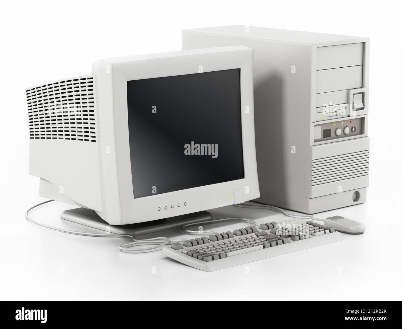 Generic vintage 90's style computer isolated on white. 3D illustration Stock Photo