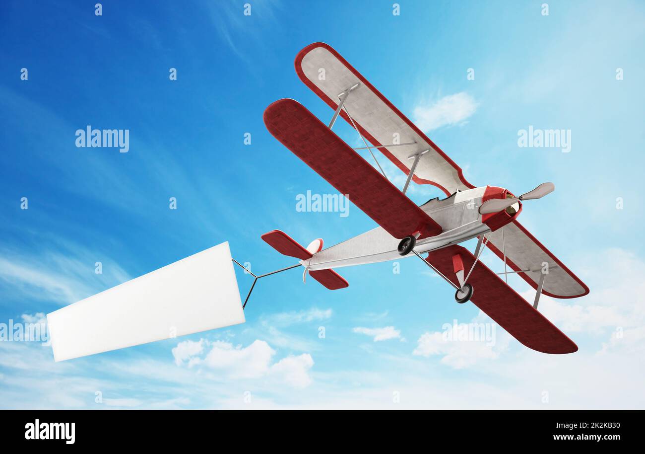 Classic airplane pulling blank white text banner. 3D illustration Stock Photo