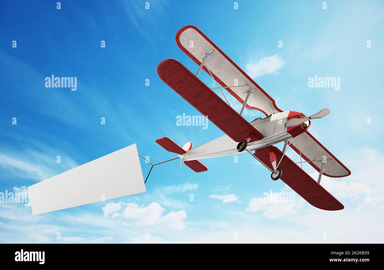 Classic airplane pulling blank white text banner. 3D illustration Stock Photo