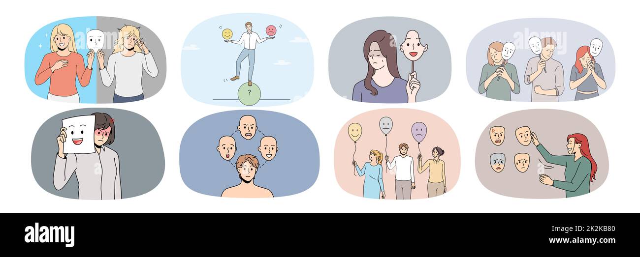 Collection of diverse people suffer from bipolar disorder Stock Photo