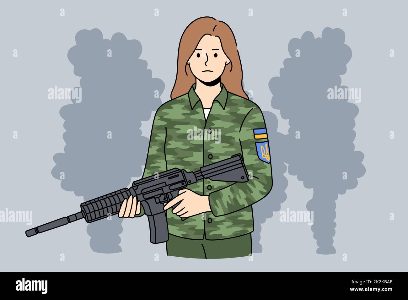 Ukrainian woman soldier in uniform hold gun Stock Photo