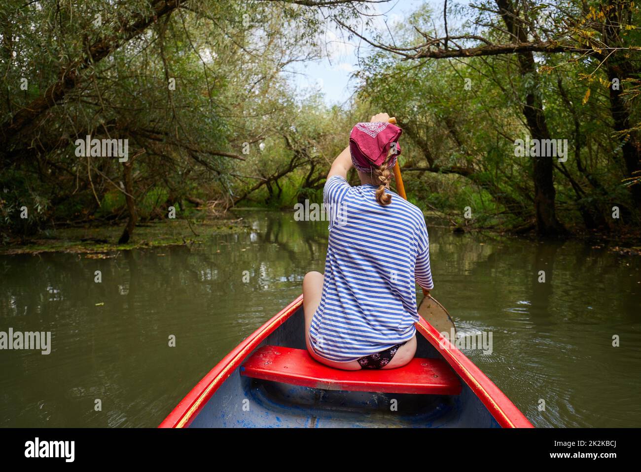 Canoeing in pristine natural environment, Lake Tisza, Hungary Stock