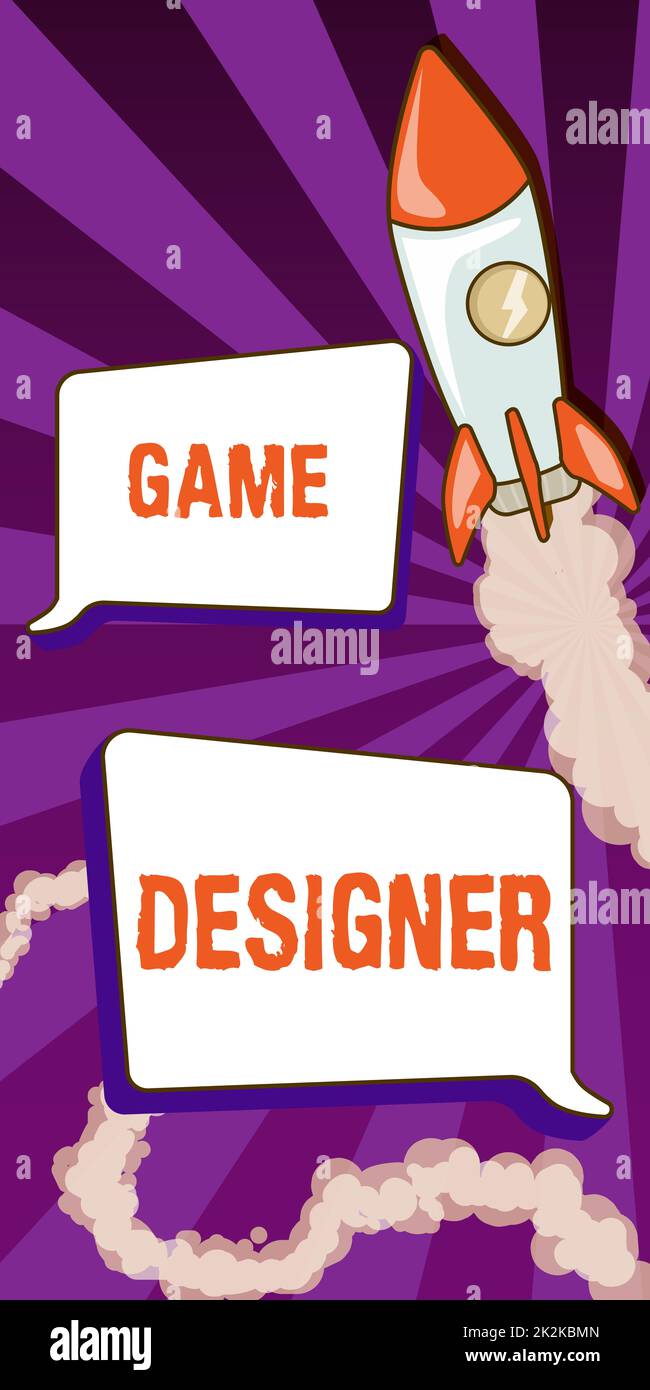 Conceptual caption Game Designer. Word Written on Campaigner Pixel Scripting Programmers Consoles 3D Graphics Rocket Ship Launching Fast Straight Up To The Outer Space. Stock Photo