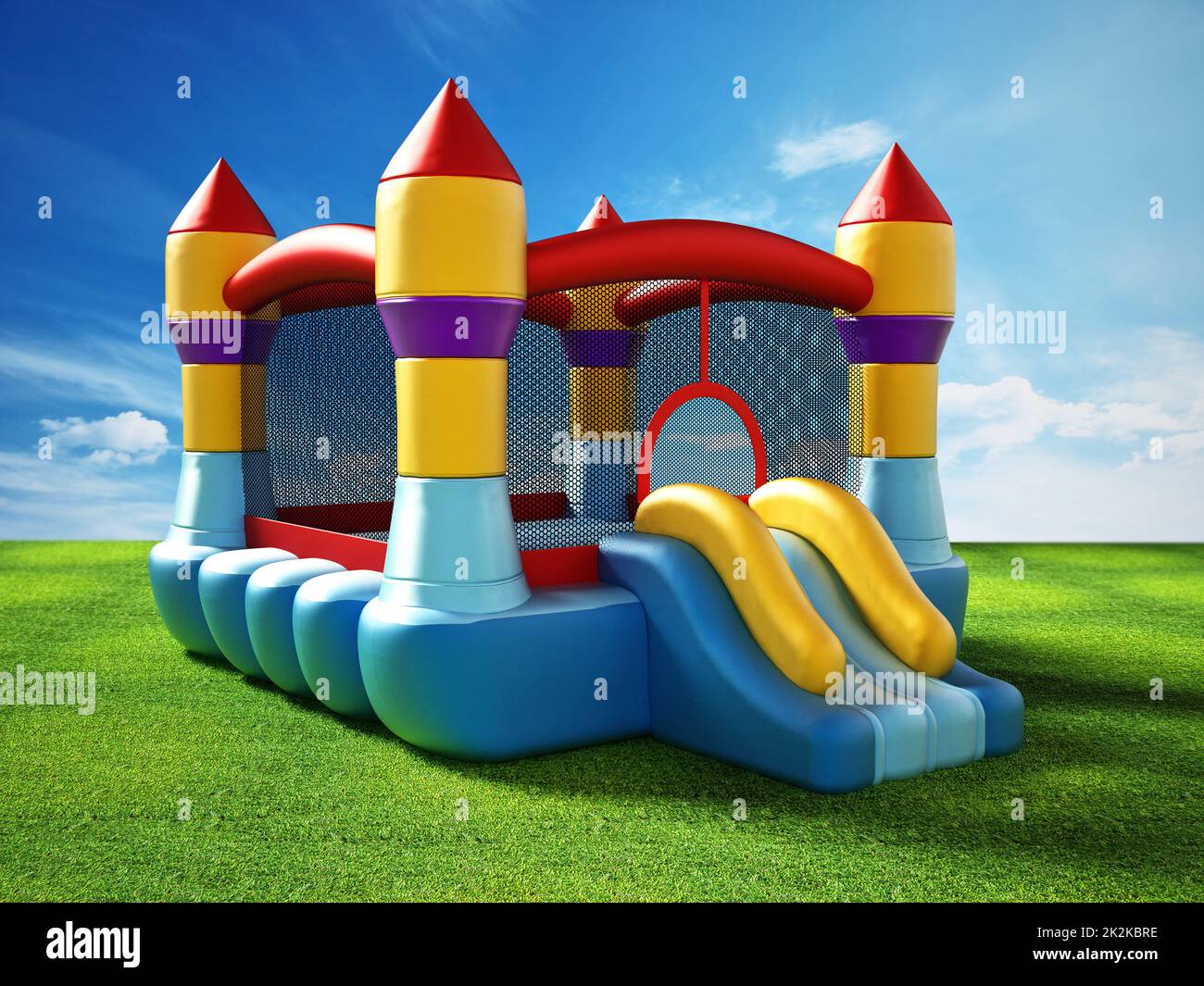 Bounce house standing on green grass. 3D illustration Stock Photo Alamy