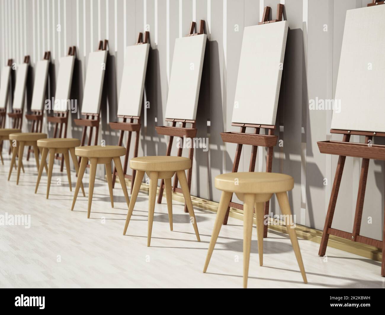Easels and blank canvases standing in a row. 3D illustration Stock Photo