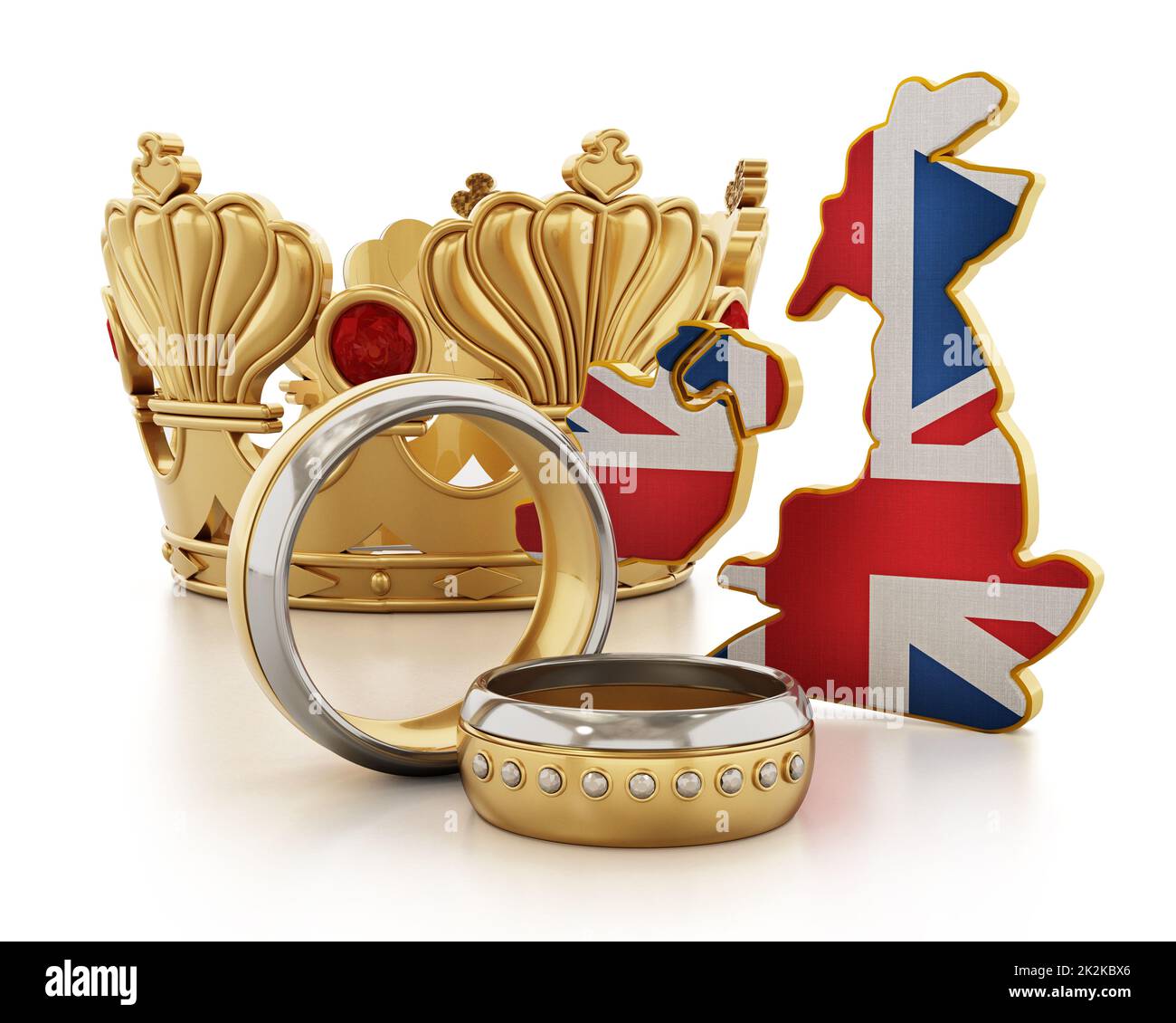 Royal wedding concept with crown, rings and British flag. 3D ...