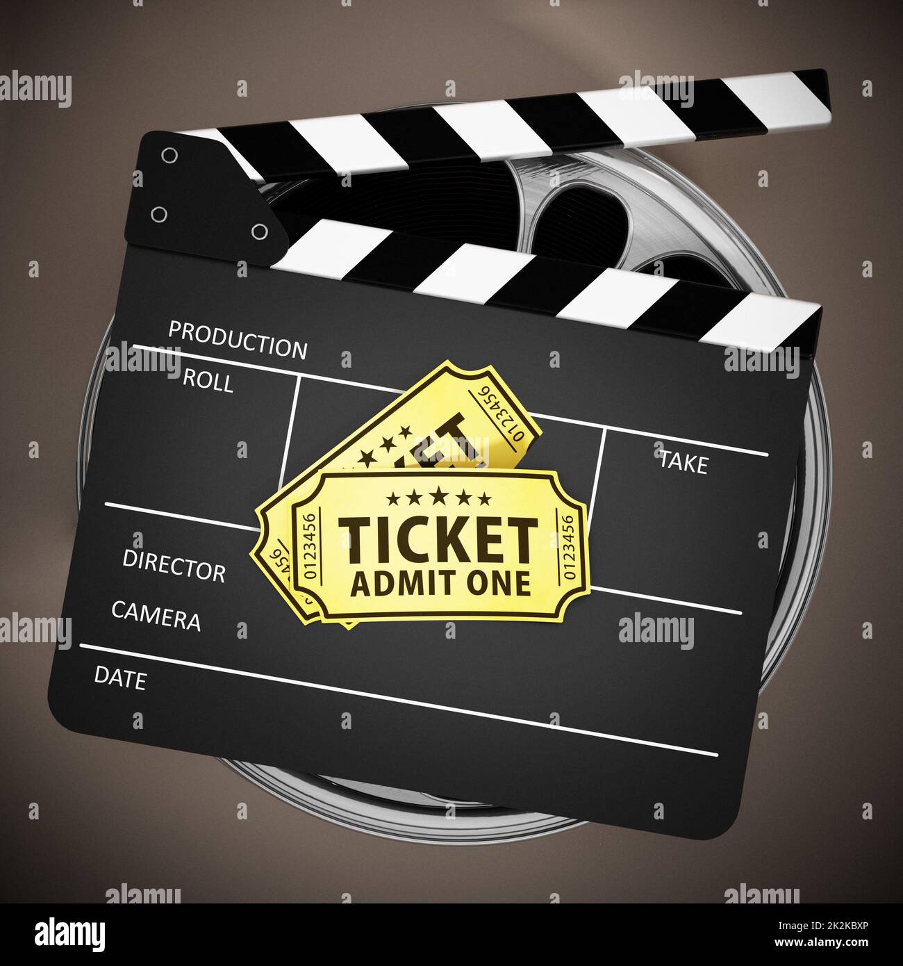 Clapboard and cinema tickets on film reels. 3D illustration Stock Photo