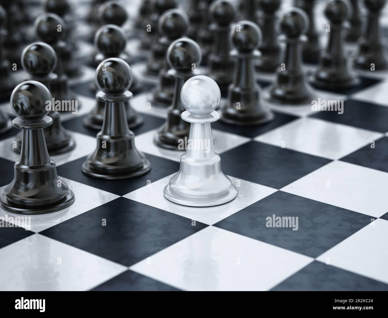 White chess pawn standing one square ahead of black chess pieces. 3D illustration Stock Photo