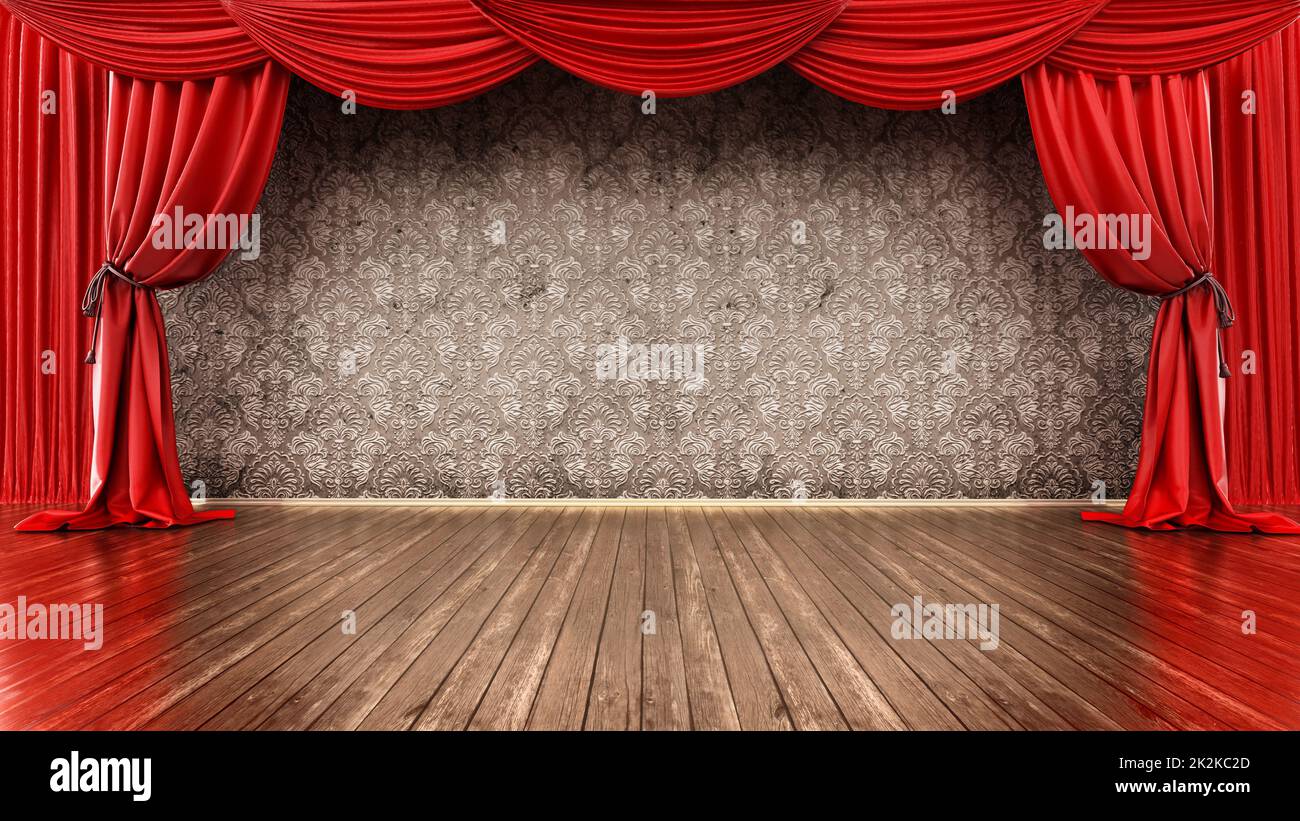 Theater stage with red curtain and parquet ground. 3D illustration Stock Photo