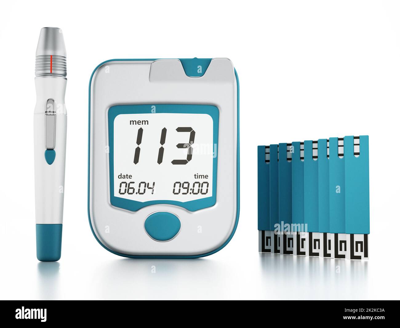 Blood glucose meter with strips isolated on white background. 3D illustration Stock Photo