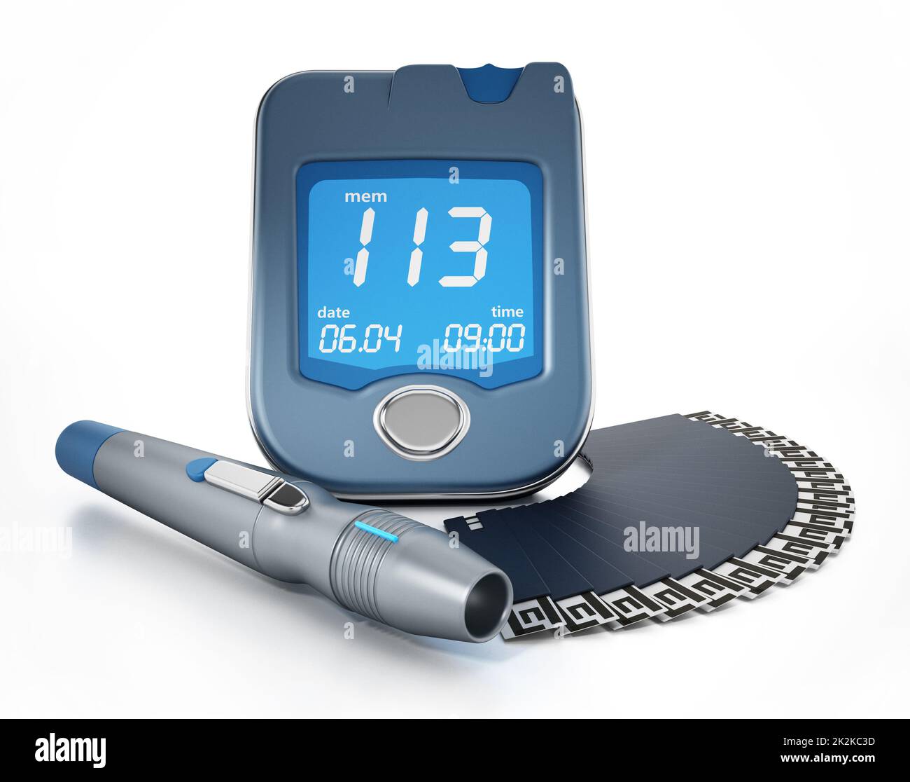 Blood glucose meter with strips isolated on white background. 3D illustration Stock Photo