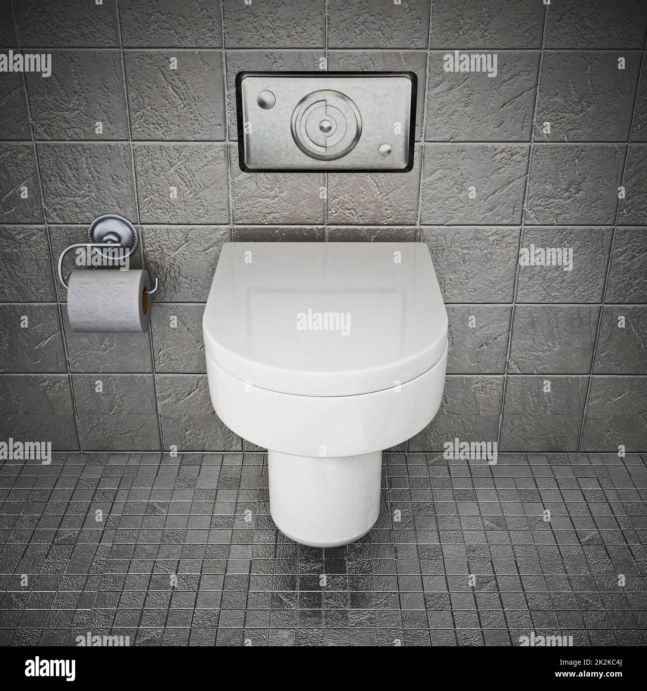 Modern toilet inside restroom covered with gray stones. 3D illustration Stock Photo