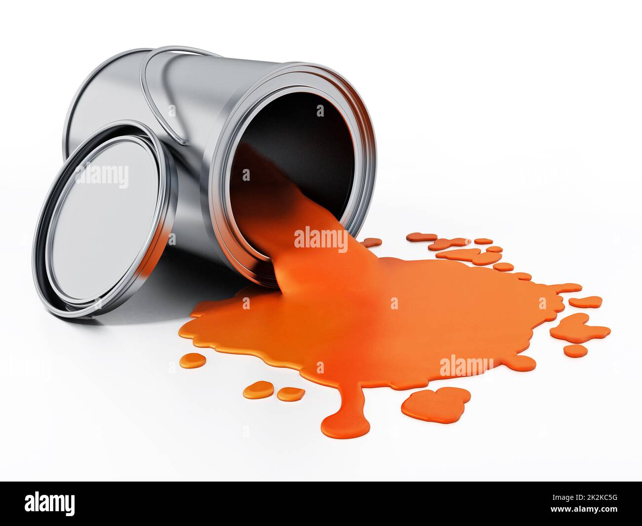 Open metal paint can with spilled orange paint.. 3D illustration Stock