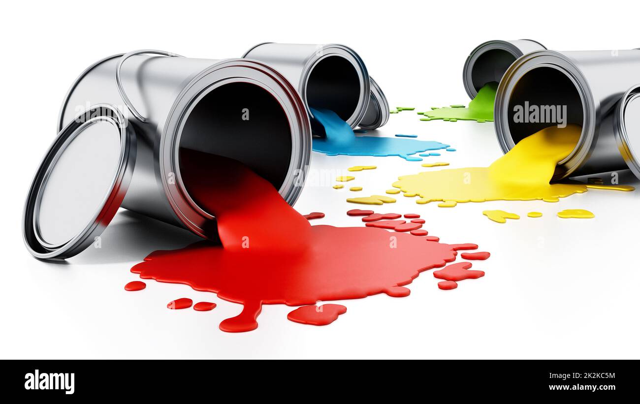 Open metal paint cans with spilled paints. 3D illustration Stock Photo