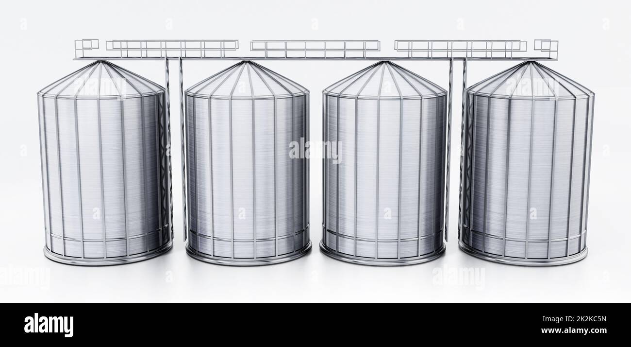 Corrugated steel grain silos isolated on white background. 3D