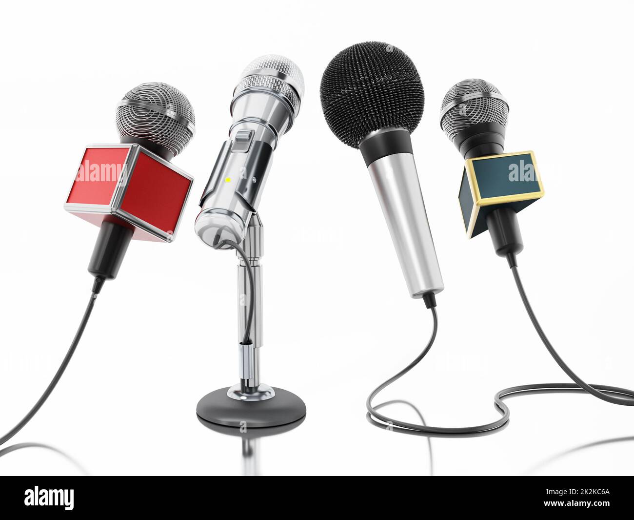 Aligned news microphones isolated on white background. 3D illustration Stock Photo