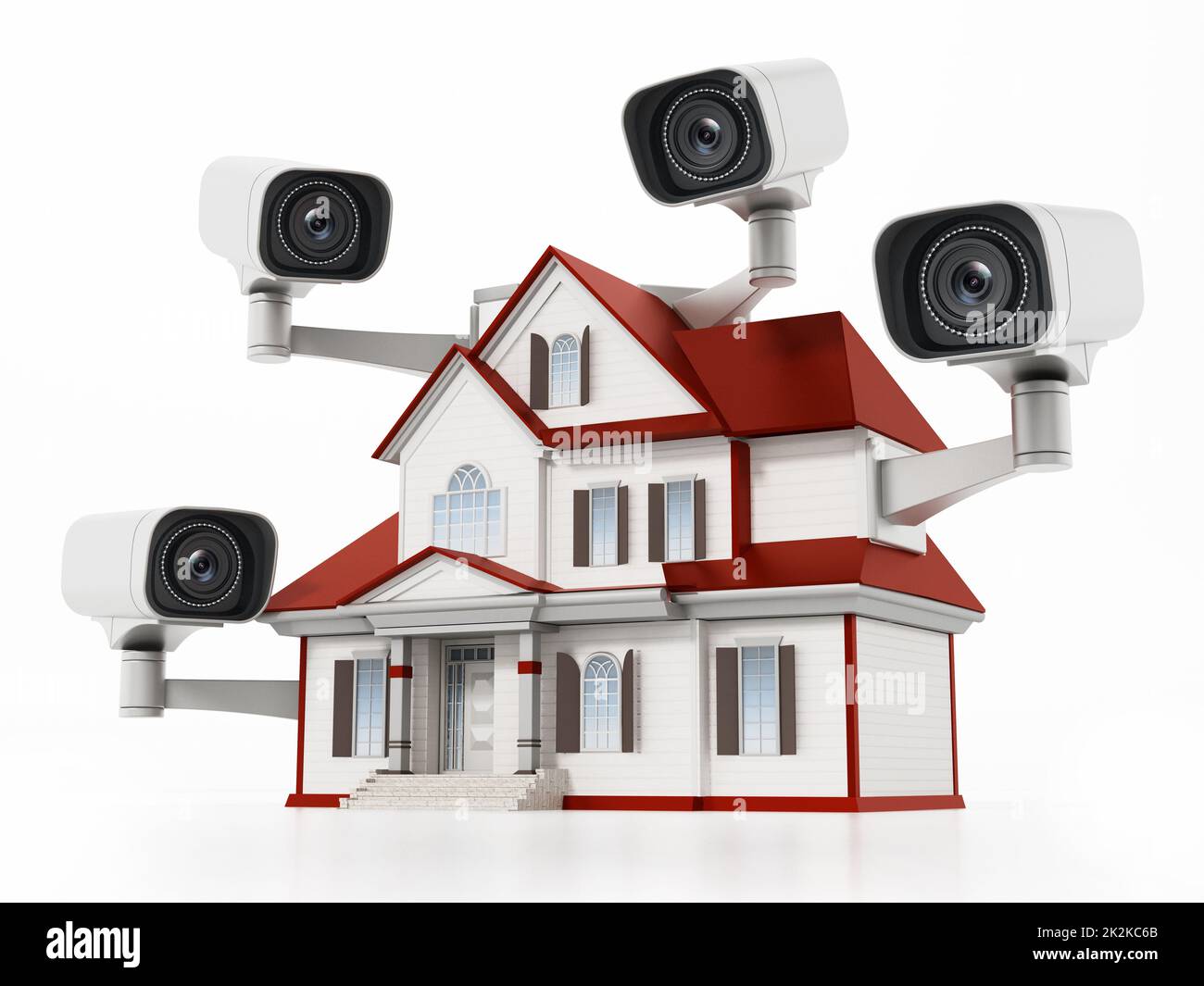 House protected with CCTV surveillance cameras. 3D illustration Stock Photo