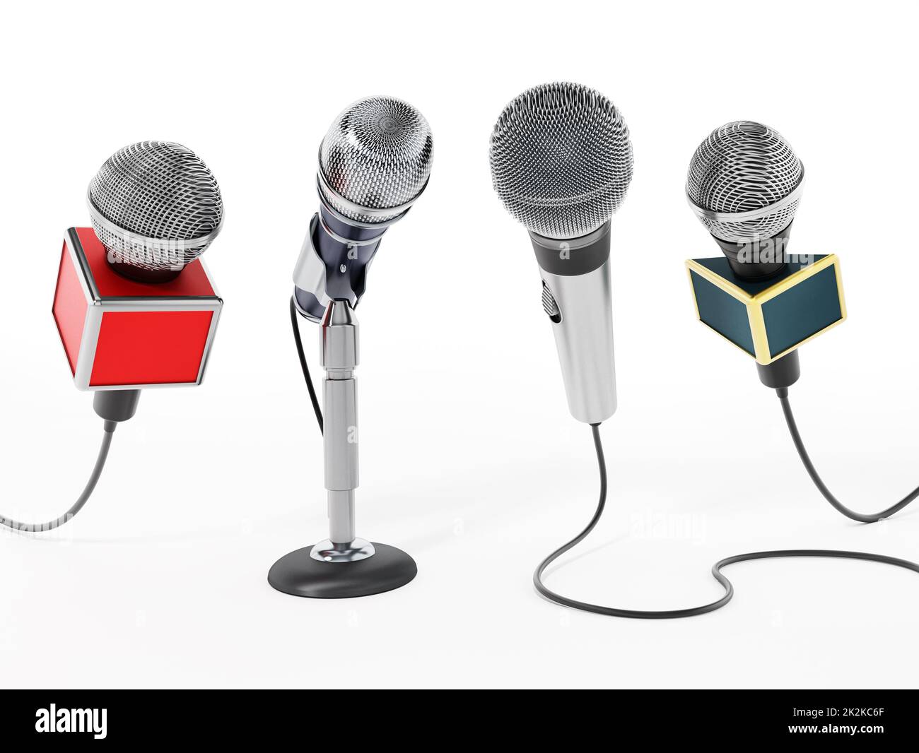 Aligned news microphones isolated on white background. 3D illustration Stock Photo