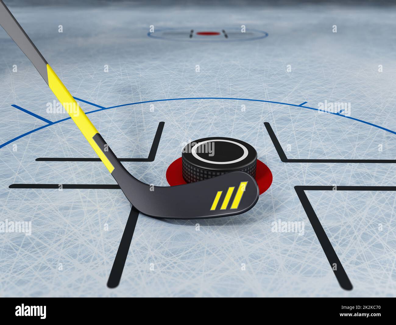 Ice hockey stick and puck on scratched ice background. 3D illustration Stock Photo Alamy