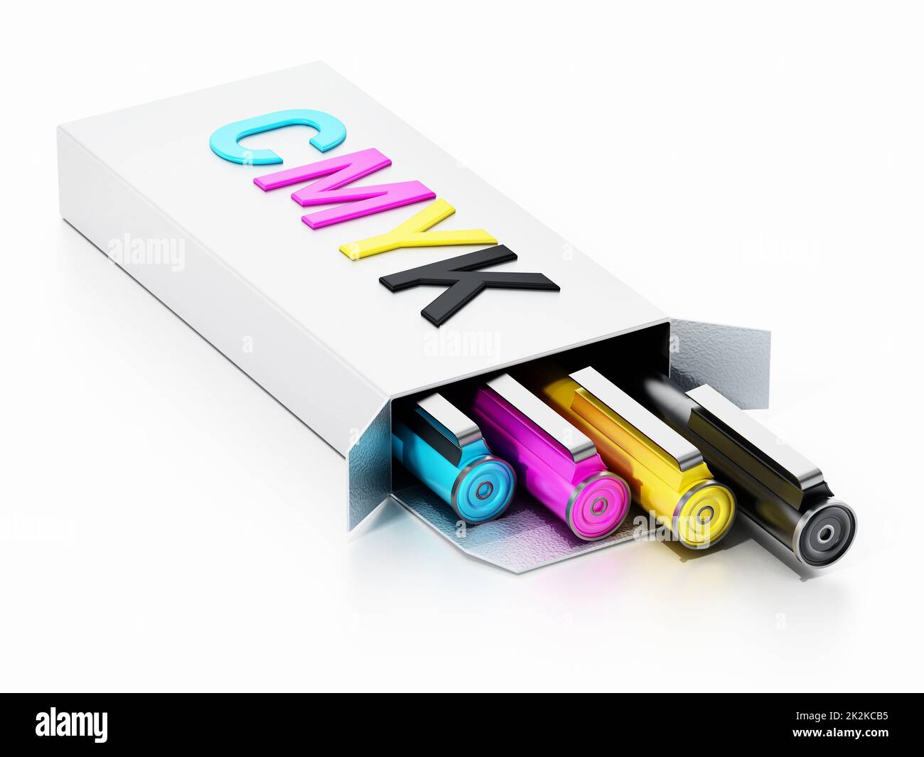 CMYK color pens inside white box. 3D illustration Stock Photo