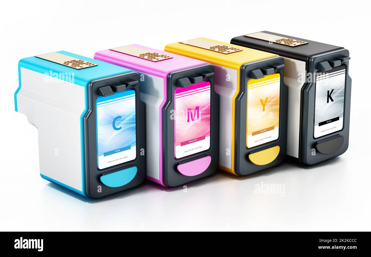 Generic inkjet printer CMYK cartridges isolated on white background. 3D illustration Stock Photo