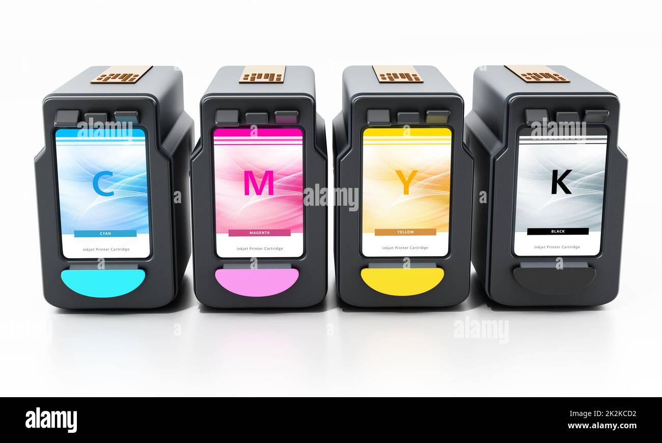 Generic inkjet printer CMYK cartridges isolated on white background. 3D illustration Stock Photo