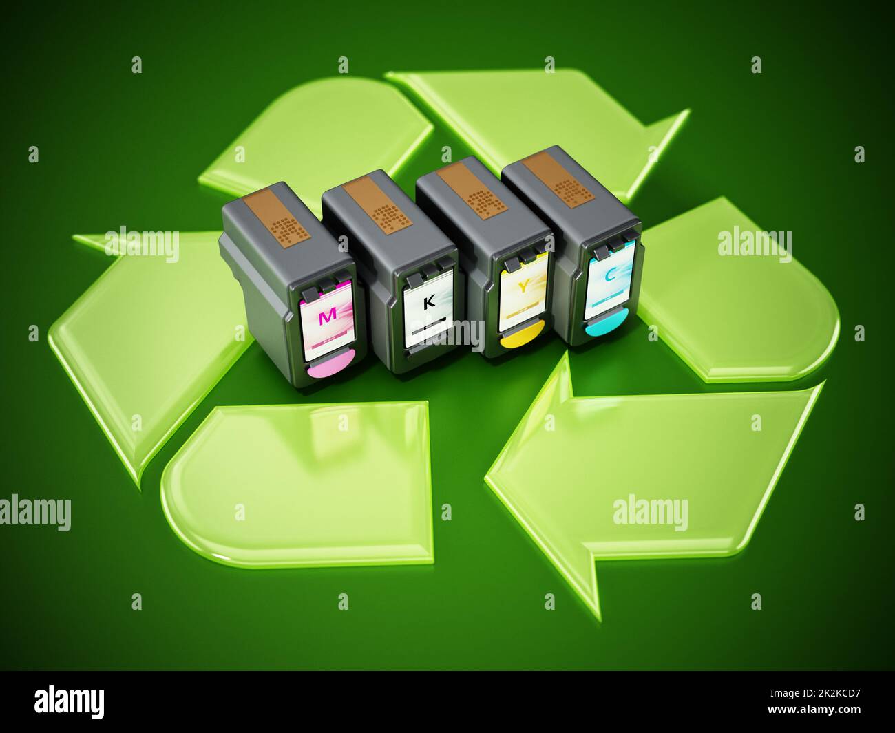 Used inkjet printer cartridges on recycle symbol. 3D illustration Stock Photo