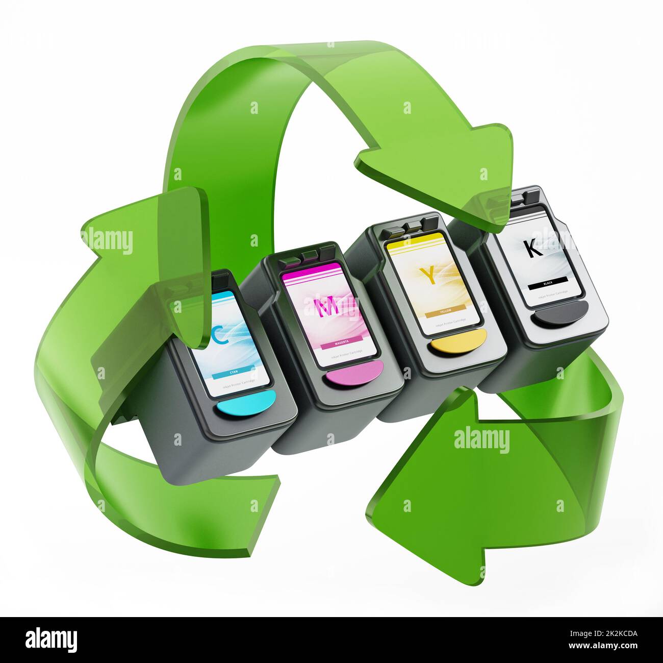 Recycling arrows around generic inkjet printer CMYK cartridges. 3D illustration Stock Photo Alamy