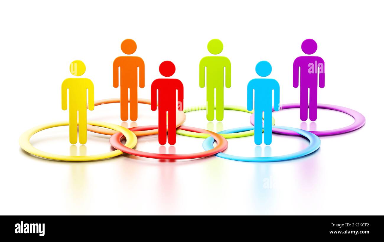 3D stick figures inside multicolored circles. 3D illustration Stock