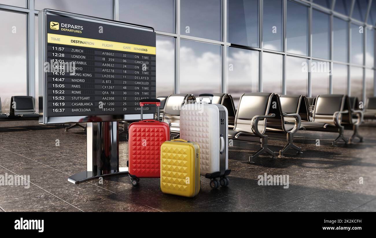Airport boarding sign, and luggages inside airport waiting room. 3D illustration Stock Photo