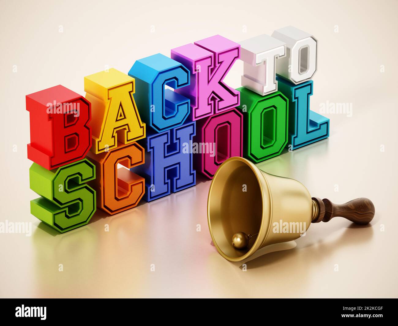 Back to school text and school bell on reflective surface. 3D illustration Stock Photo
